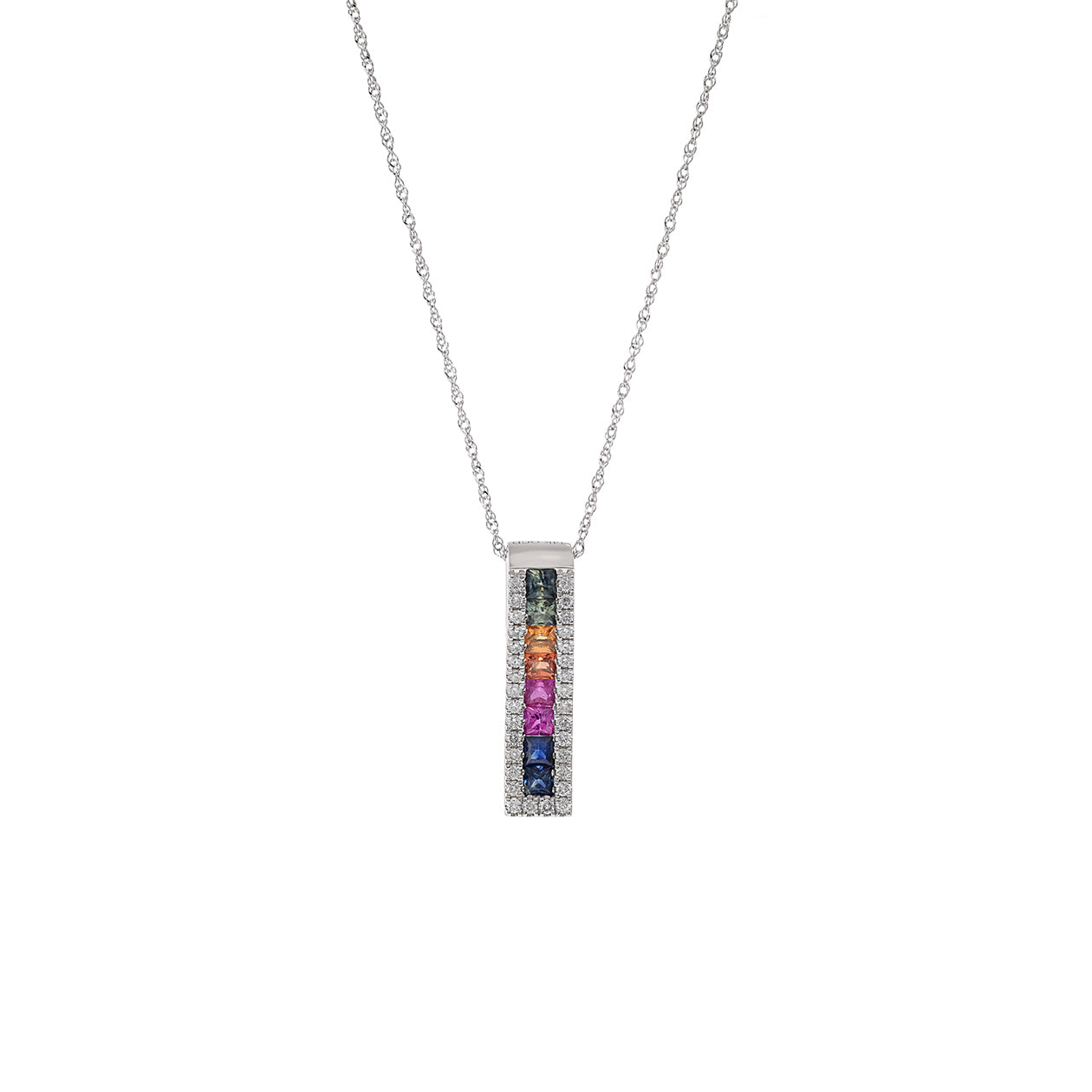 14KT White Gold Multi Color Sapphire And Diamond Wave Pendant Necklace