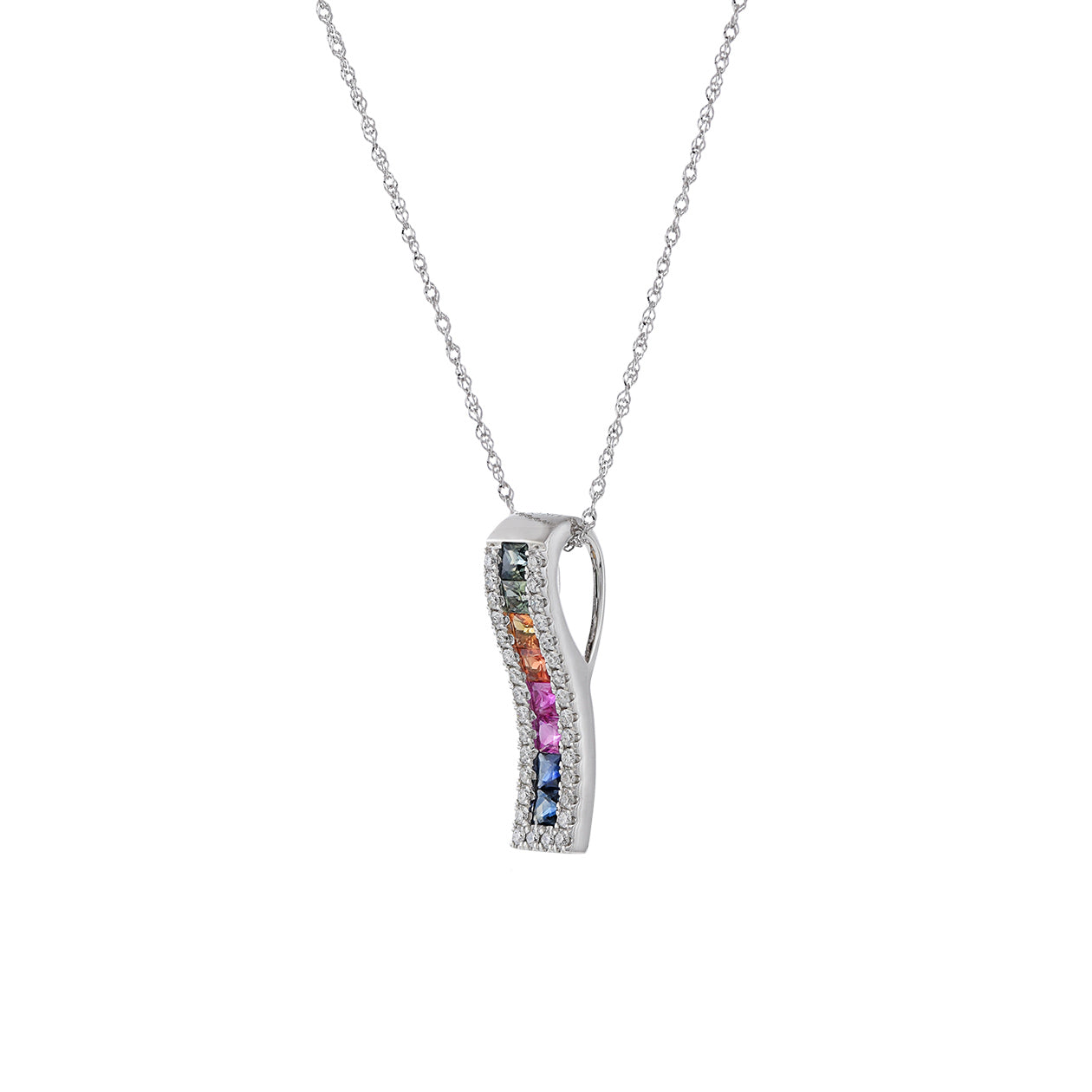 14KT White Gold Multi Color Sapphire And Diamond Wave Pendant Necklace