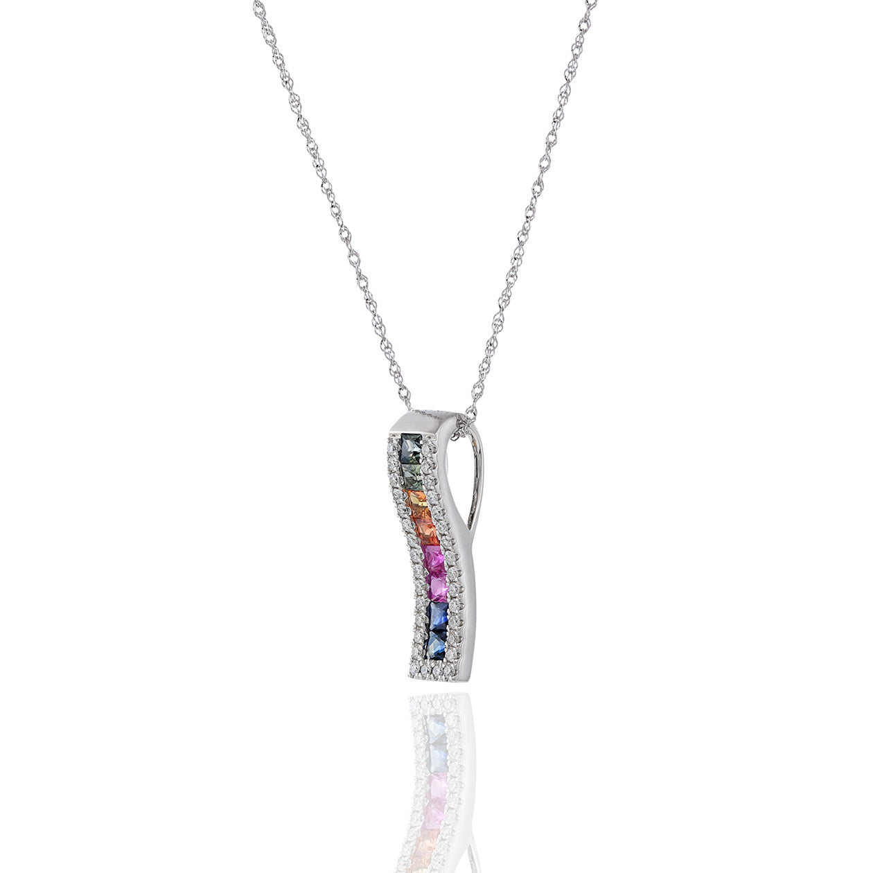 14KT White Gold Multi Color Sapphire And Diamond Wave Pendant Necklace