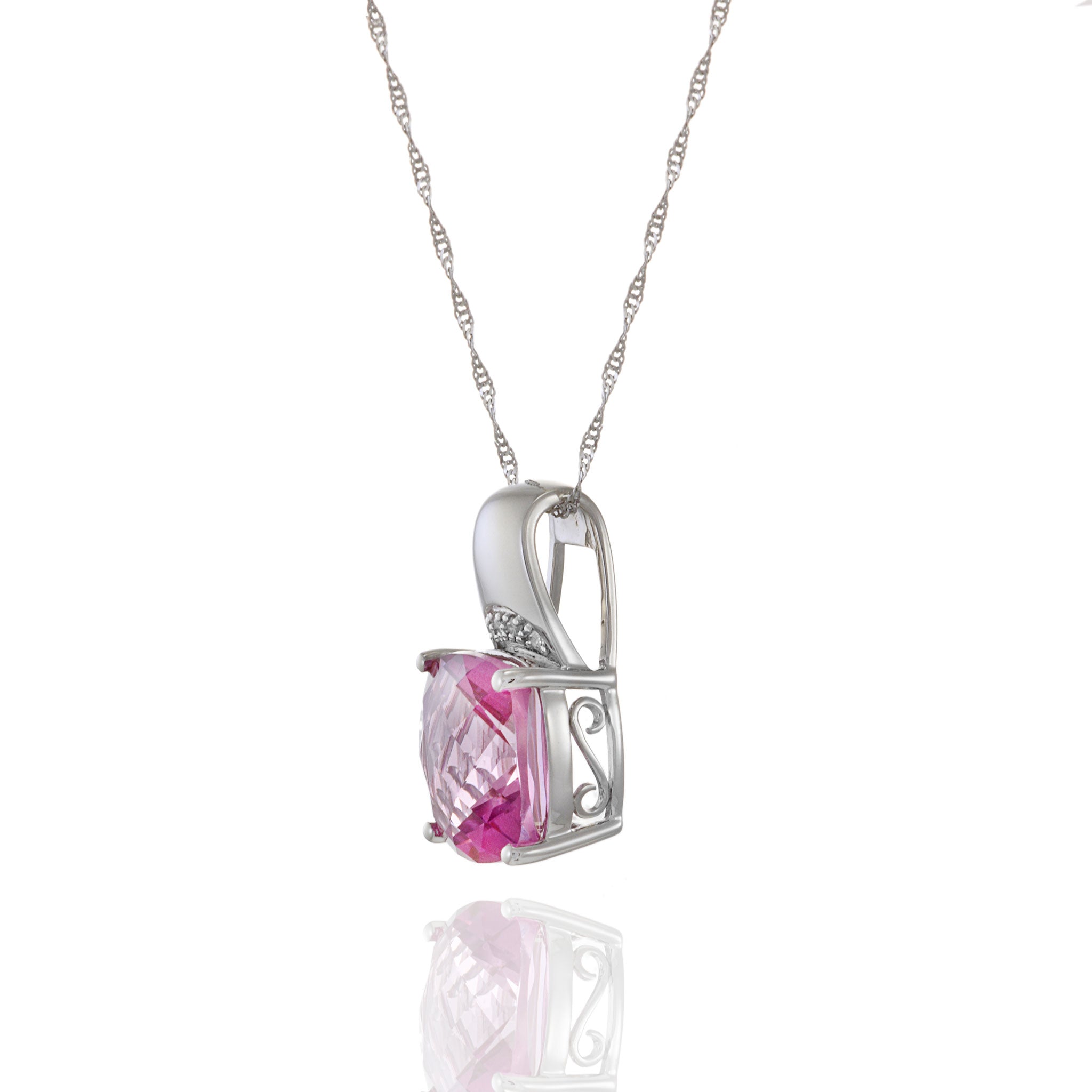 18KT White Gold Pink Topaz And Diamond Pendant Necklace