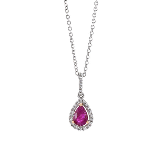 14KT White Gold Pear Shaped Ruby and Diamond Pendant