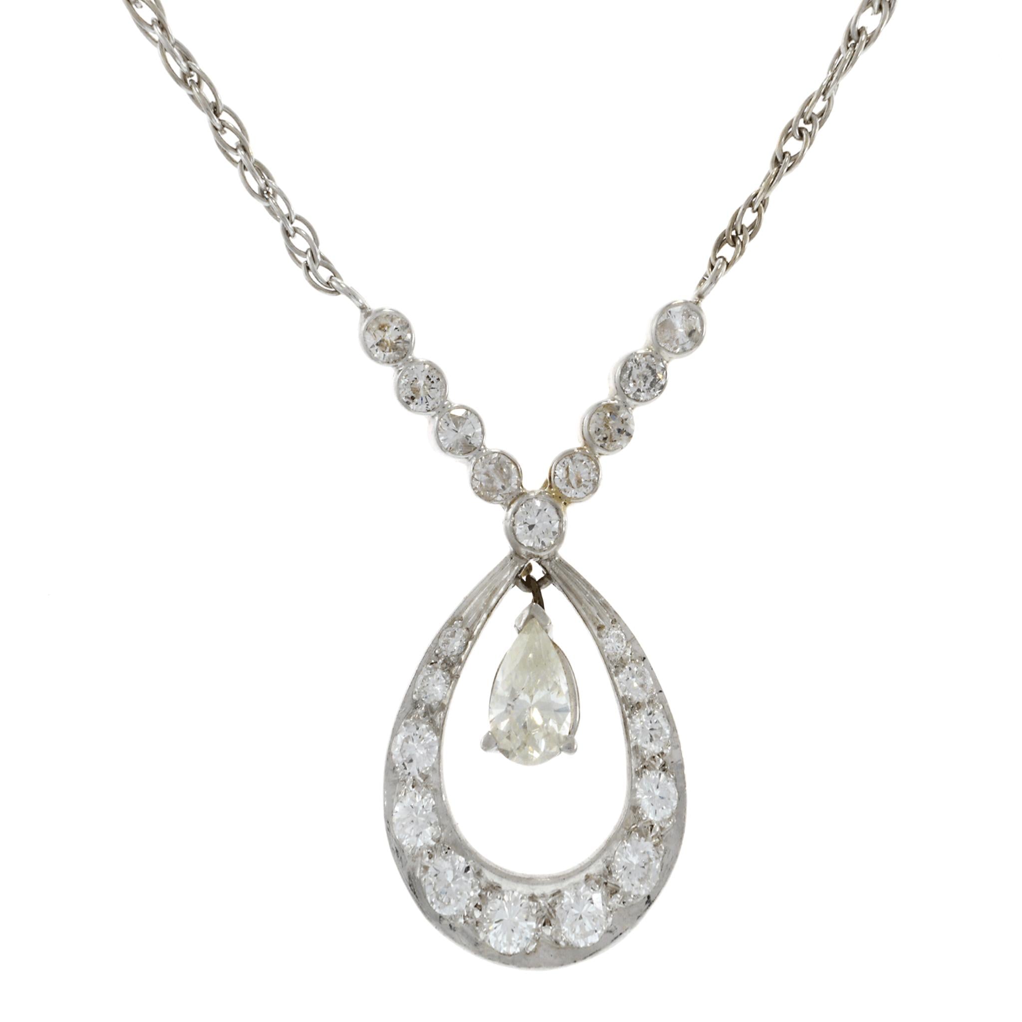 Estate Retro Period 14KT White Gold Pear-Shaped Diamond Drop Necklace