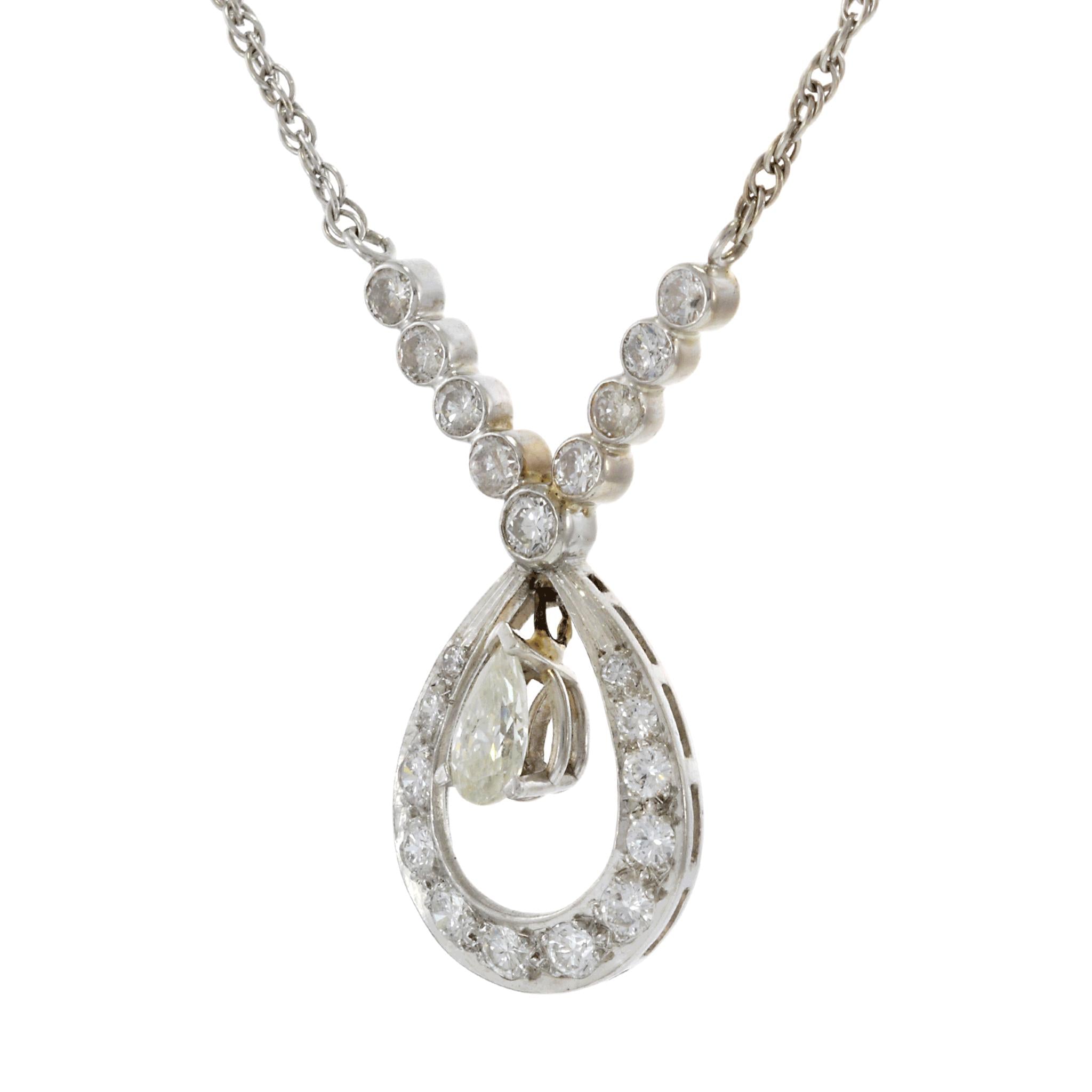 Estate Retro Period 14KT White Gold Pear-Shaped Diamond Drop Necklace