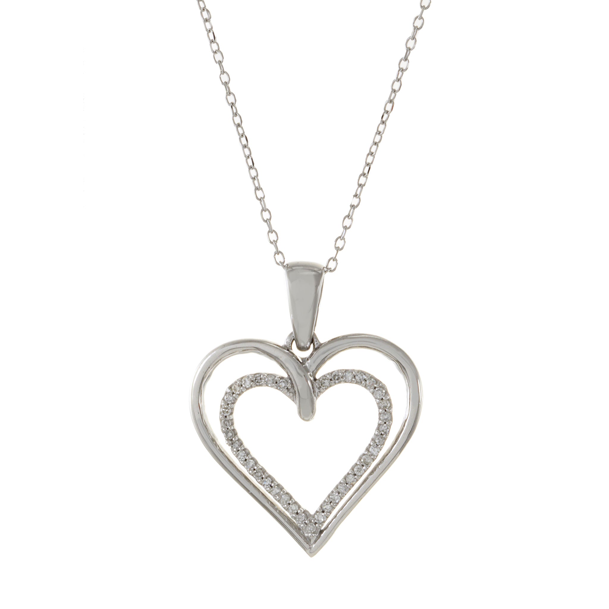 14KT White Gold Double Heart Diamond Pendant Necklace