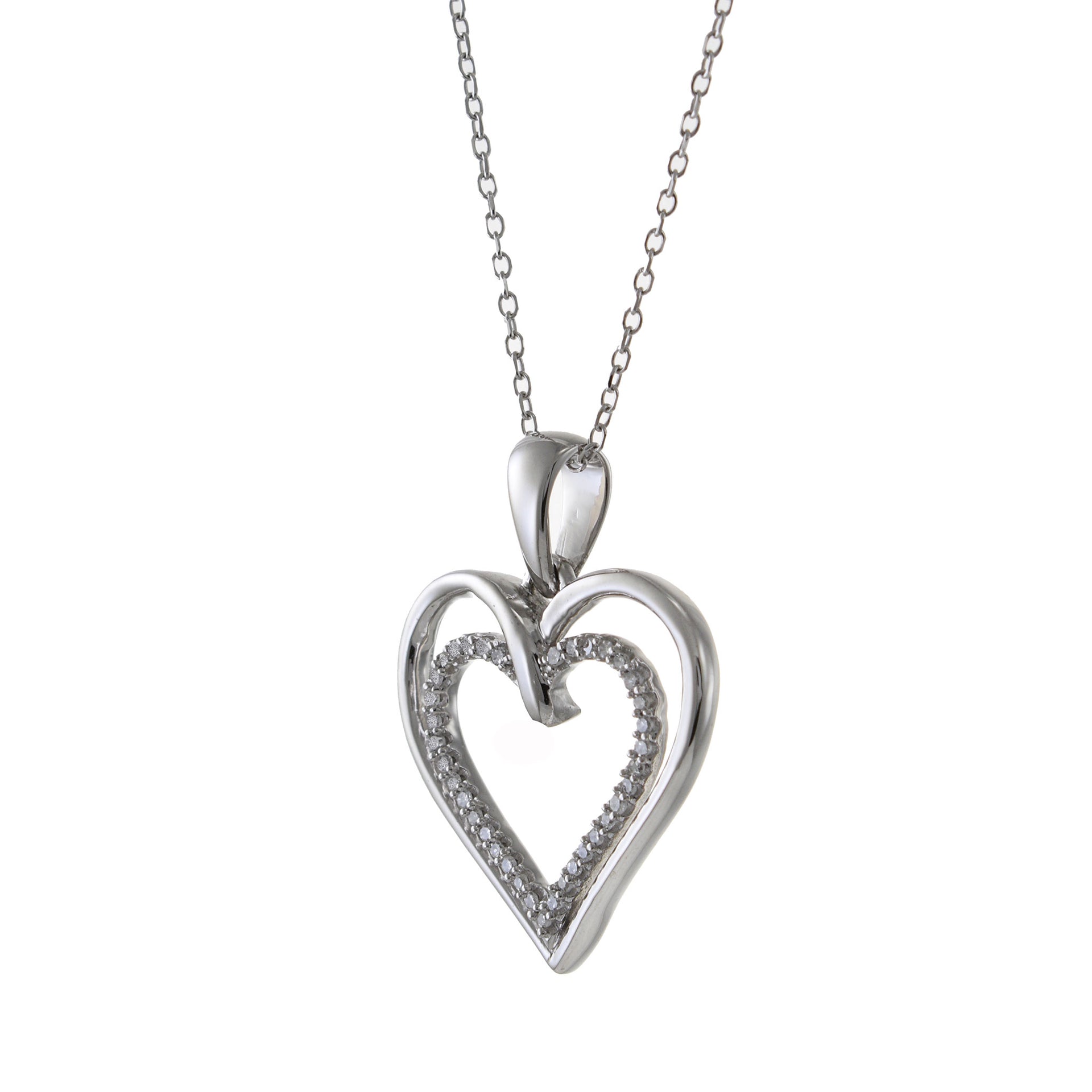 14KT White Gold Double Heart Diamond Pendant Necklace