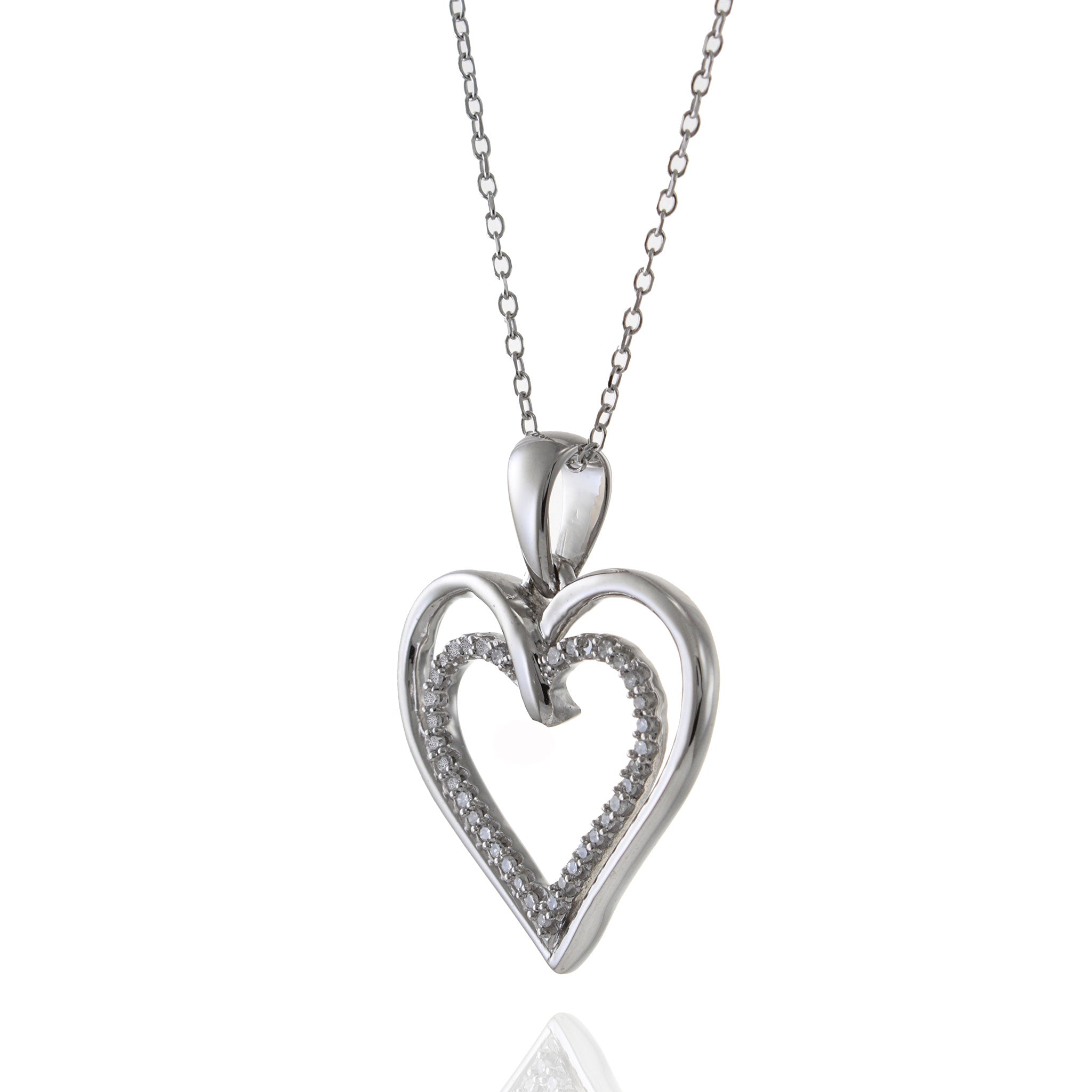 14KT White Gold Double Heart Diamond Pendant Necklace