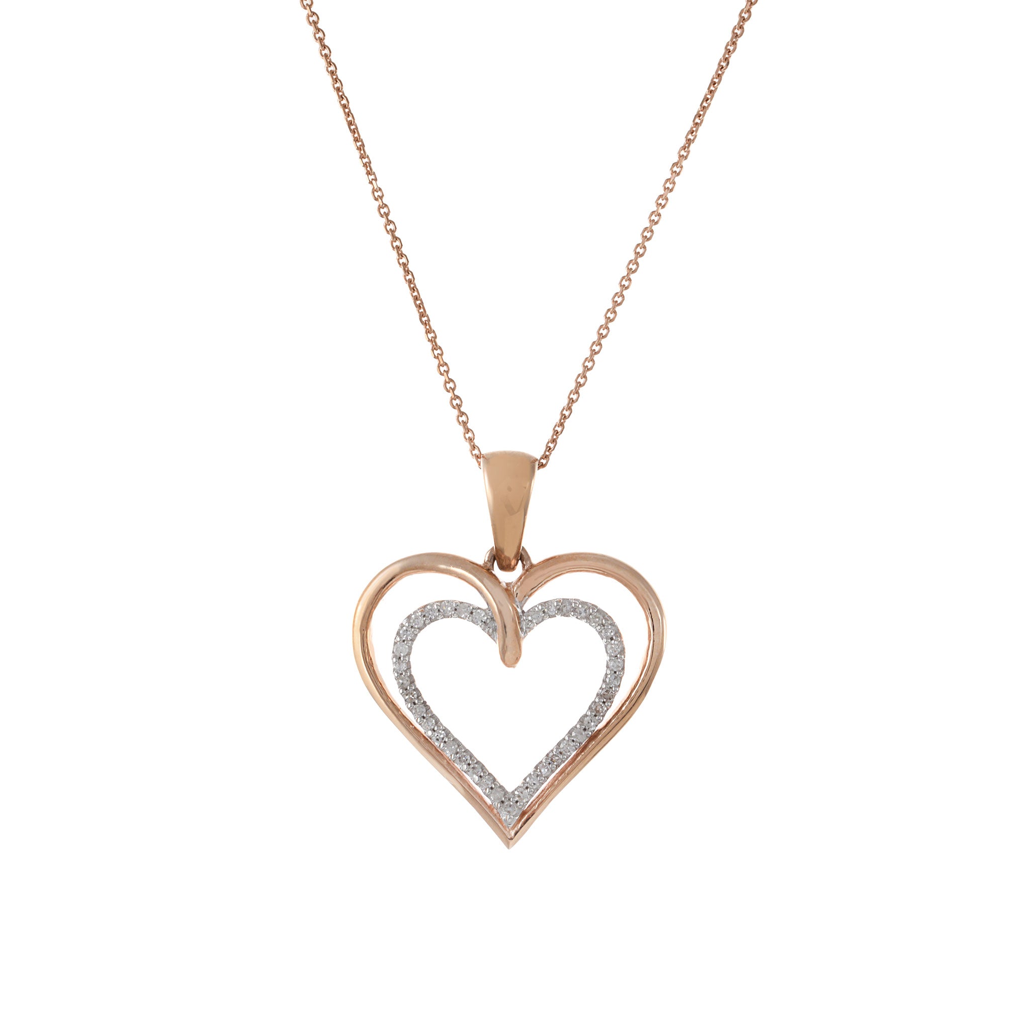 14KT Rose Gold Heart In Heart Diamond Pendant