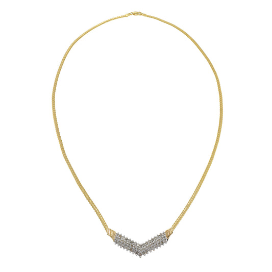 Vintage 14KT Yellow Gold Retro Era "V" Shape Diamond Necklace with Herringbone Chain