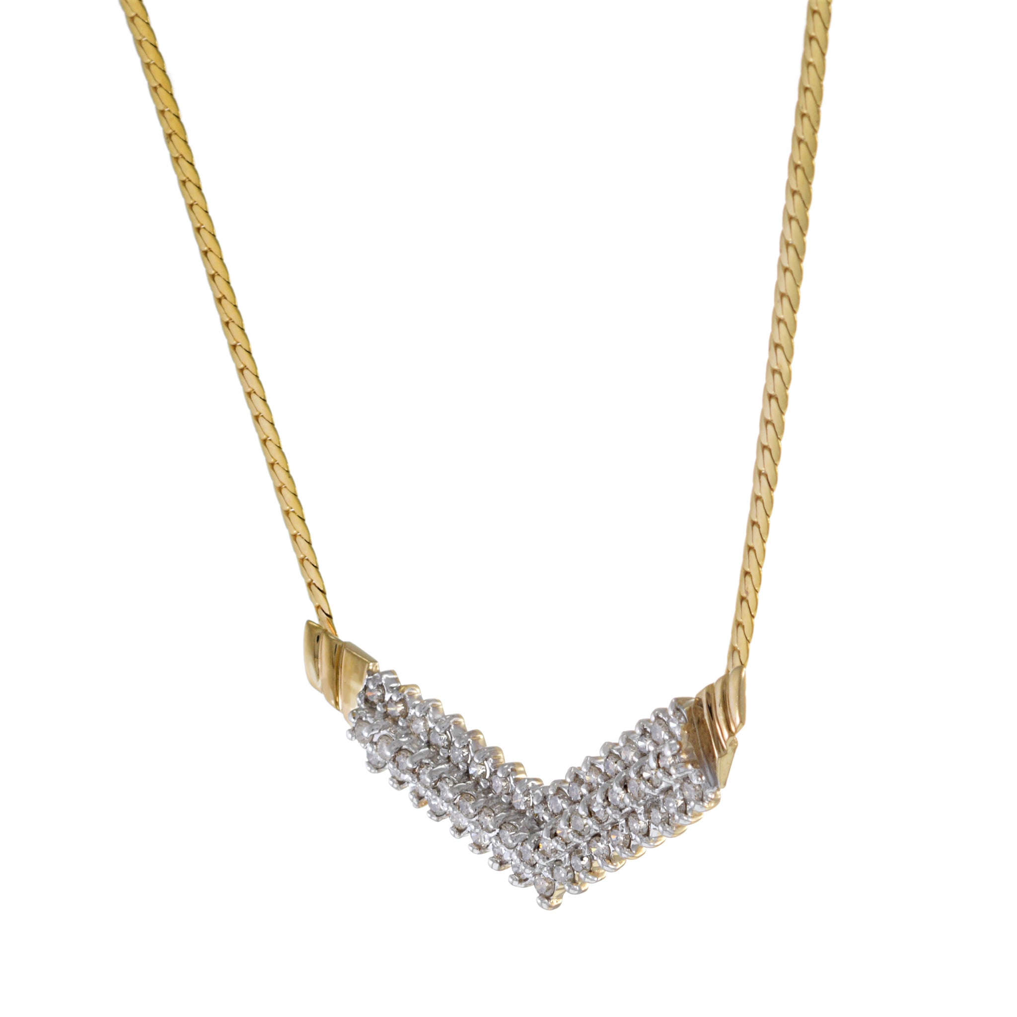 Vintage 14KT Yellow Gold Retro Era "V" Shape Diamond Necklace with Herringbone Chain