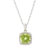 14KT White Gold Cushion-Cut Peridot and Diamond Halo Pendant Necklace