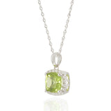14KT White Gold Cushion-Cut Peridot and Diamond Halo Pendant Necklace