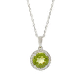 14KT White Gold Peridot and Diamond Halo Pendant Necklace