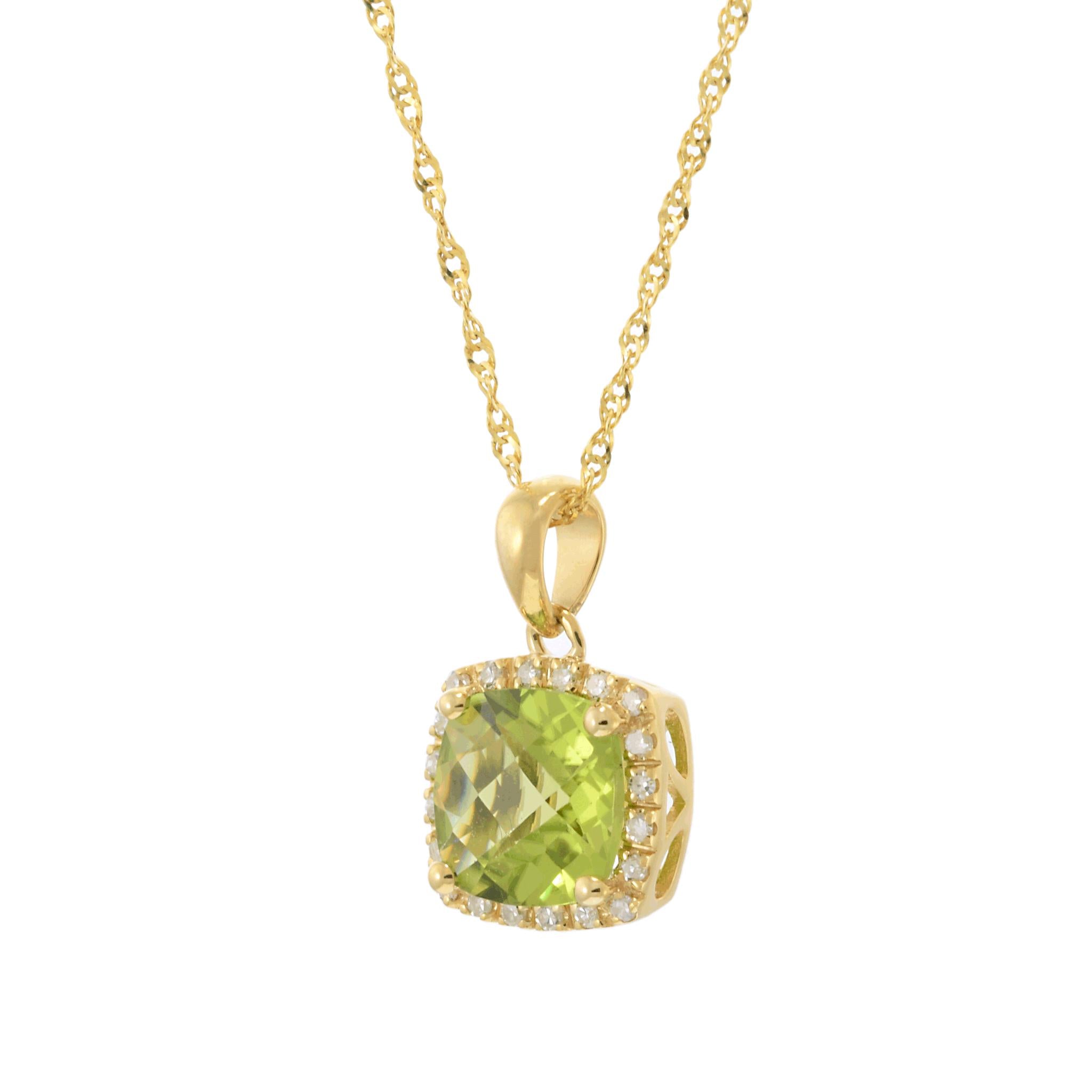 14KT Yellow Gold Cushion-Cut Peridot and Diamond Pendant with Chain