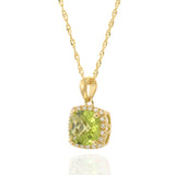 14KT Yellow Gold Cushion-Cut Peridot and Diamond Pendant with Chain