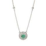 14KT White Gold Emerald and Diamond Halo Necklace