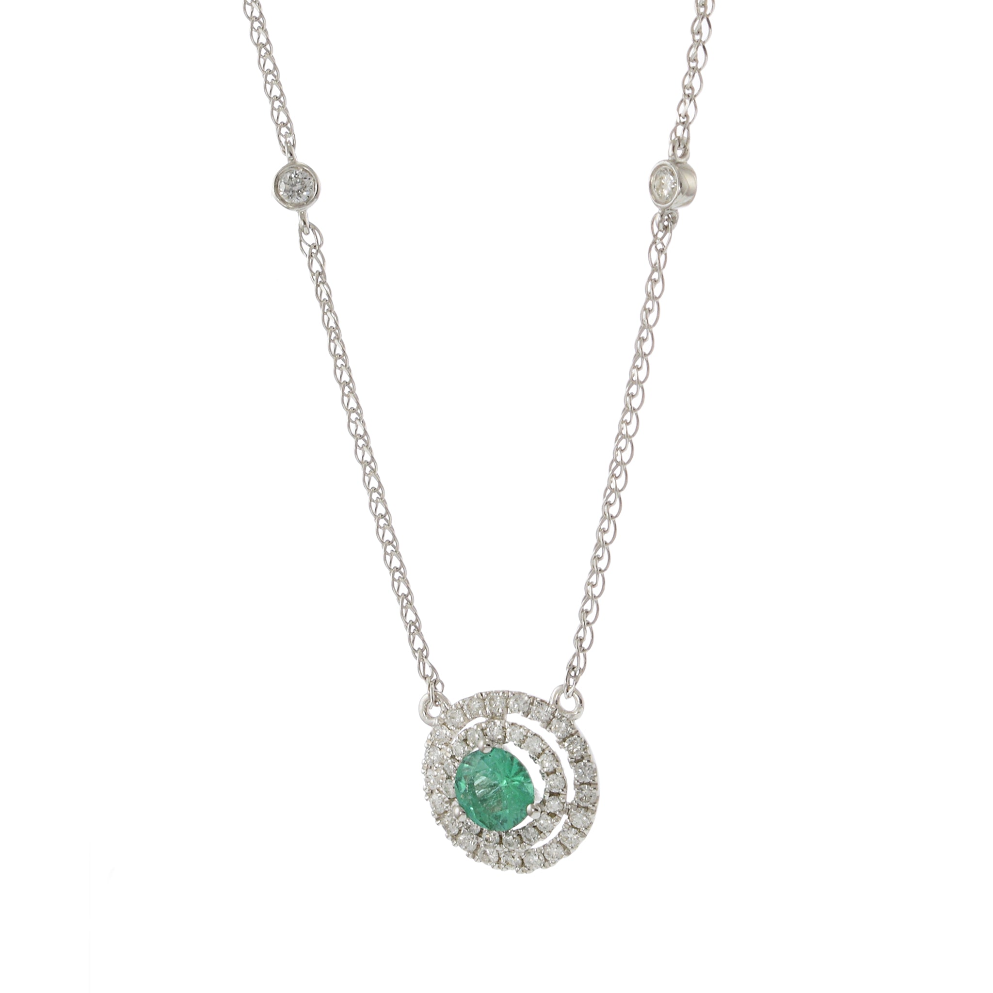 14KT White Gold Emerald and Diamond Halo Necklace