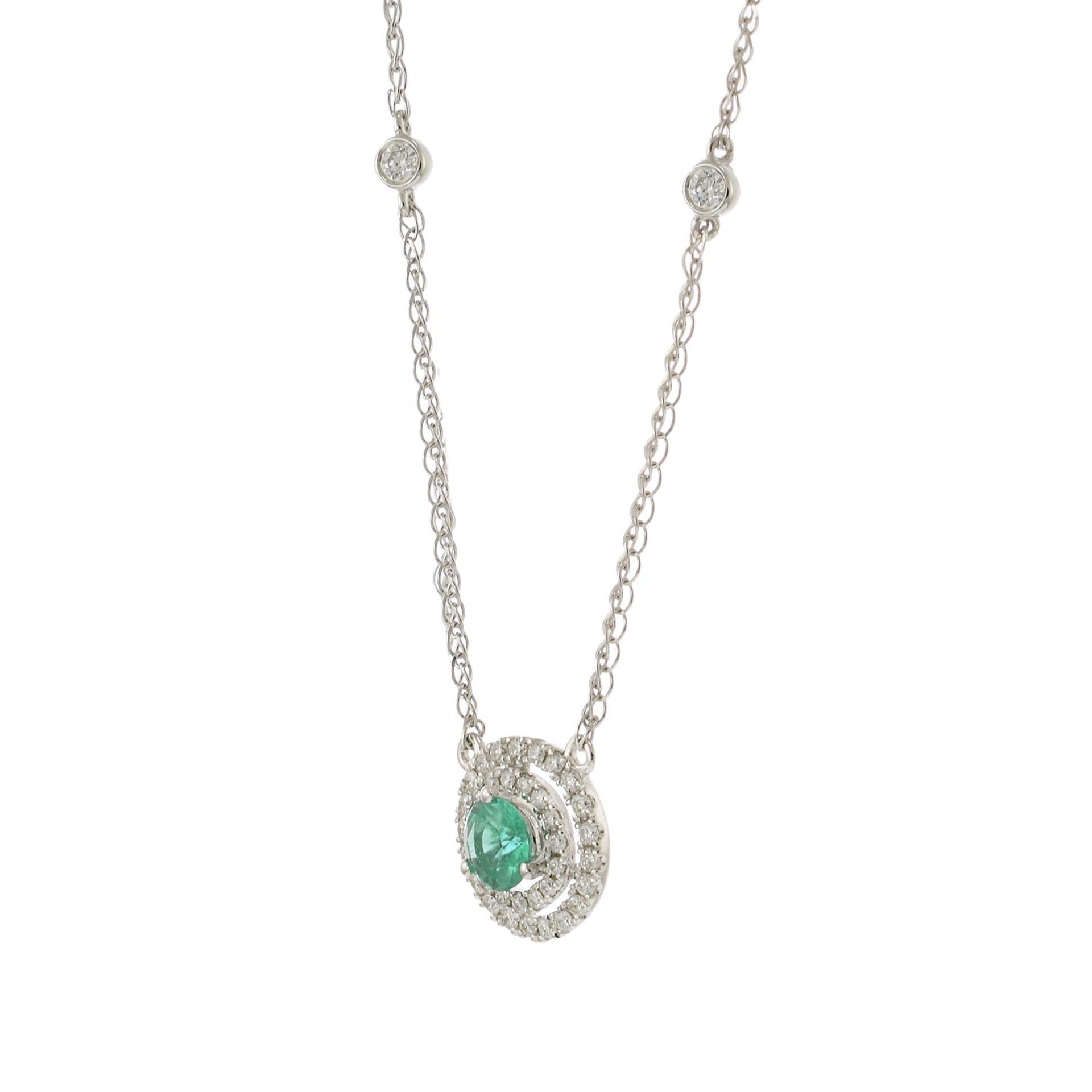 14KT White Gold Emerald and Diamond Halo Necklace