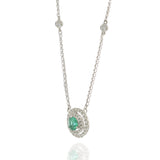 14KT White Gold Emerald and Diamond Halo Necklace