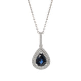 14KT White Gold Pear Shaped Sapphire and Diamond Pendant Necklace