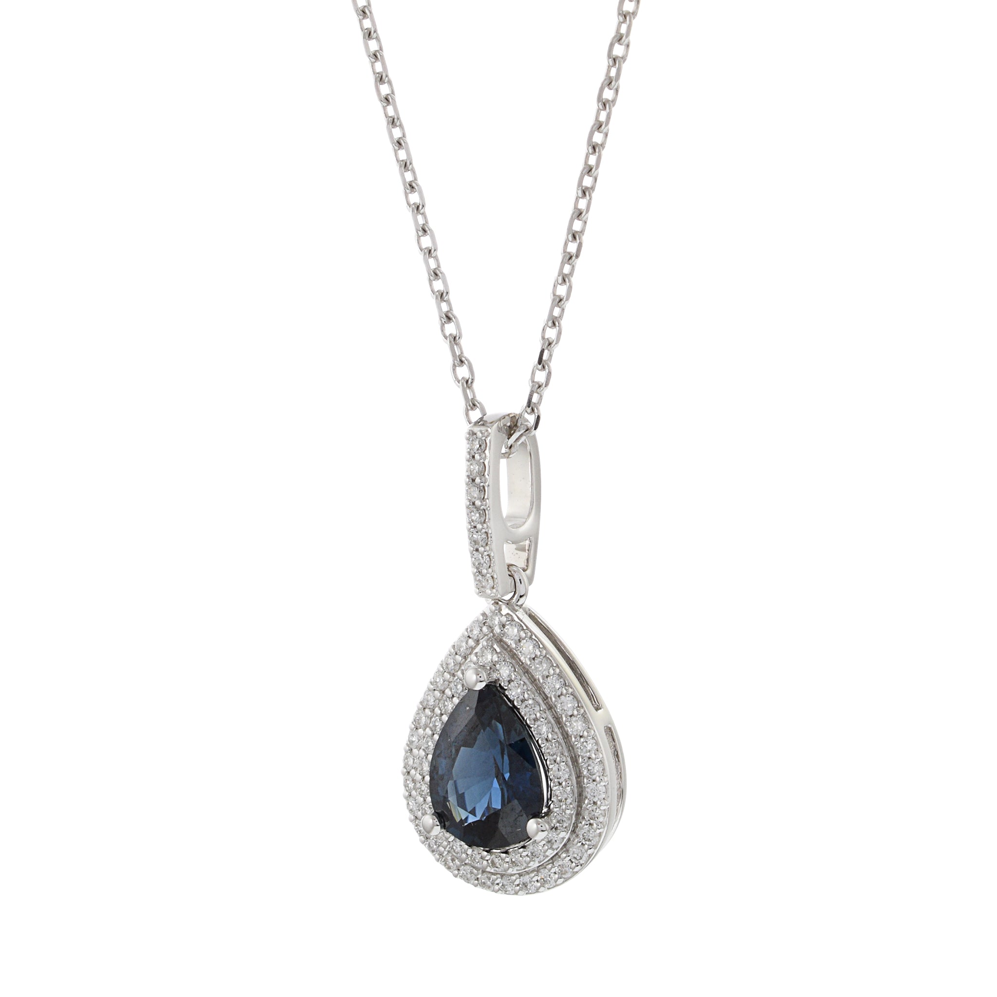 14KT White Gold Pear Shaped Sapphire and Diamond Pendant Necklace