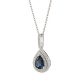 14KT White Gold Pear Shaped Sapphire and Diamond Pendant Necklace