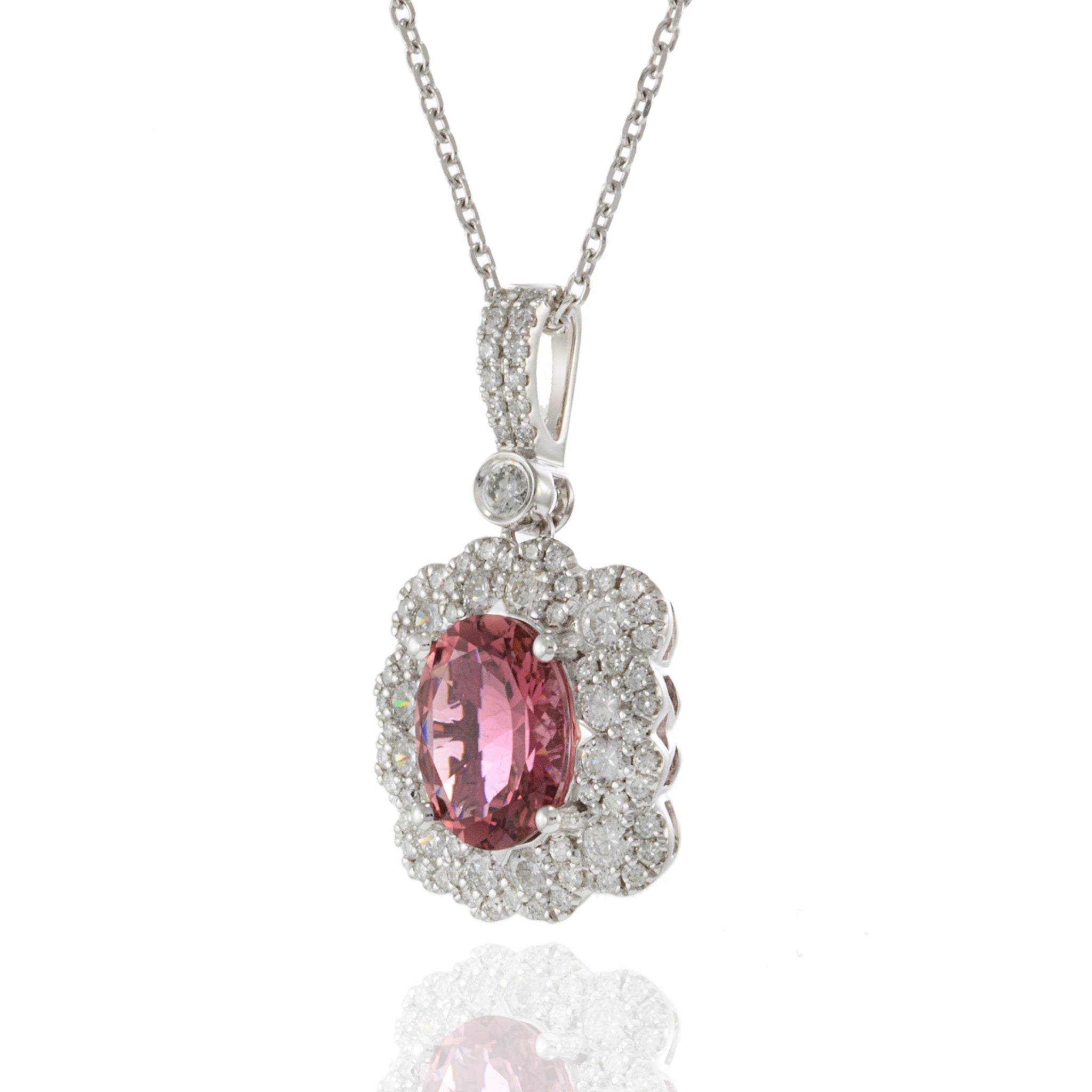 14KT White Gold Pink Tourmaline and Diamond Pendant Necklace