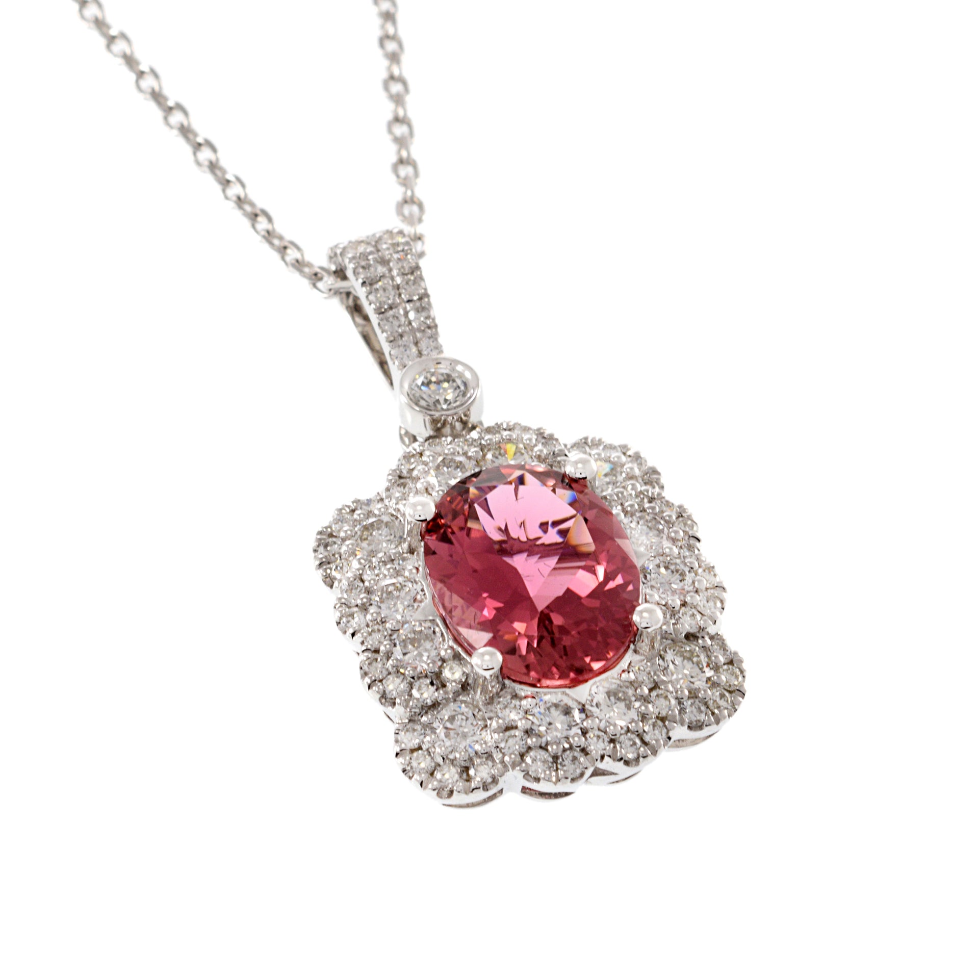 14KT White Gold Pink Tourmaline and Diamond Pendant Necklace