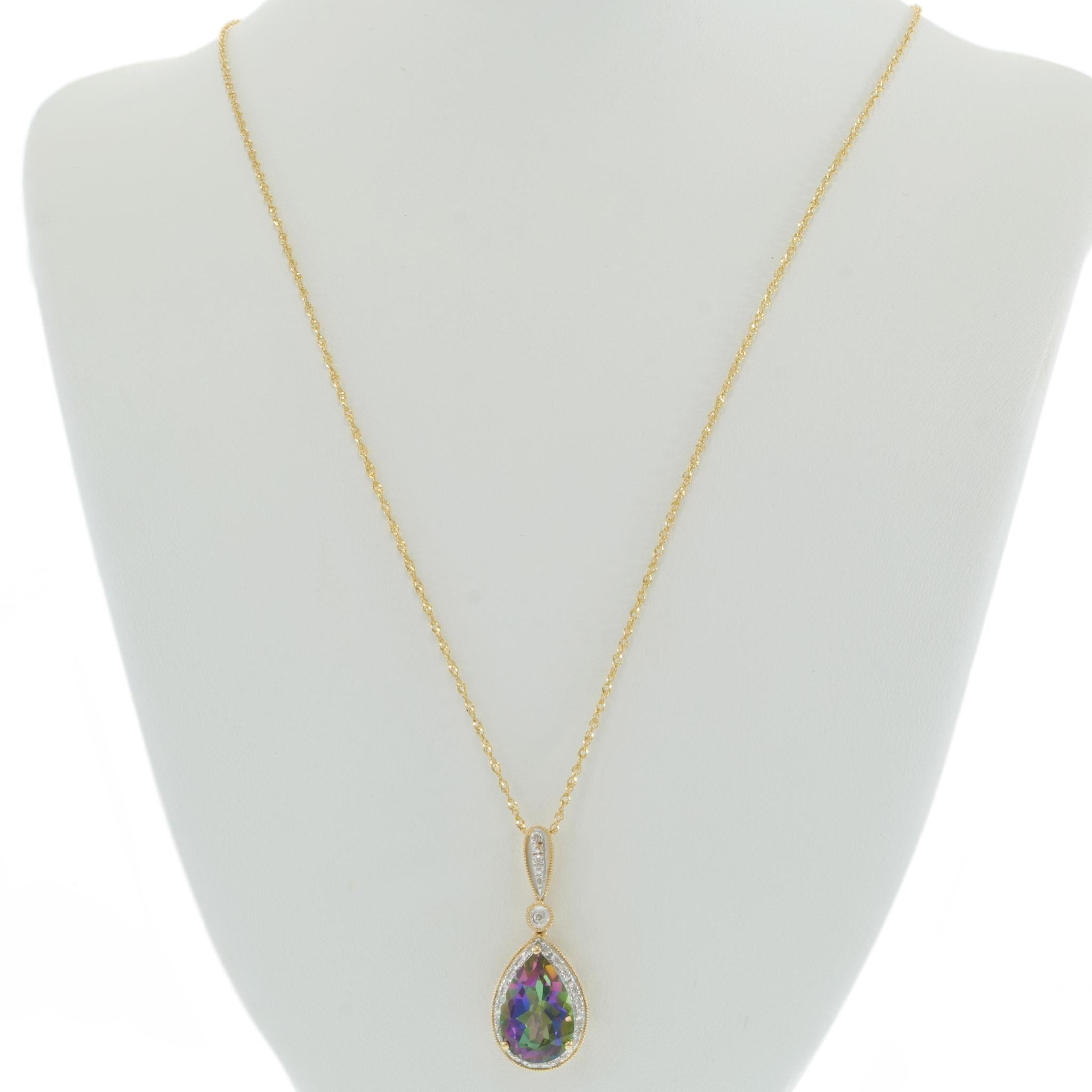 14KT Yellow Gold Mystic Topaz and Diamond Pear Pendant Necklace