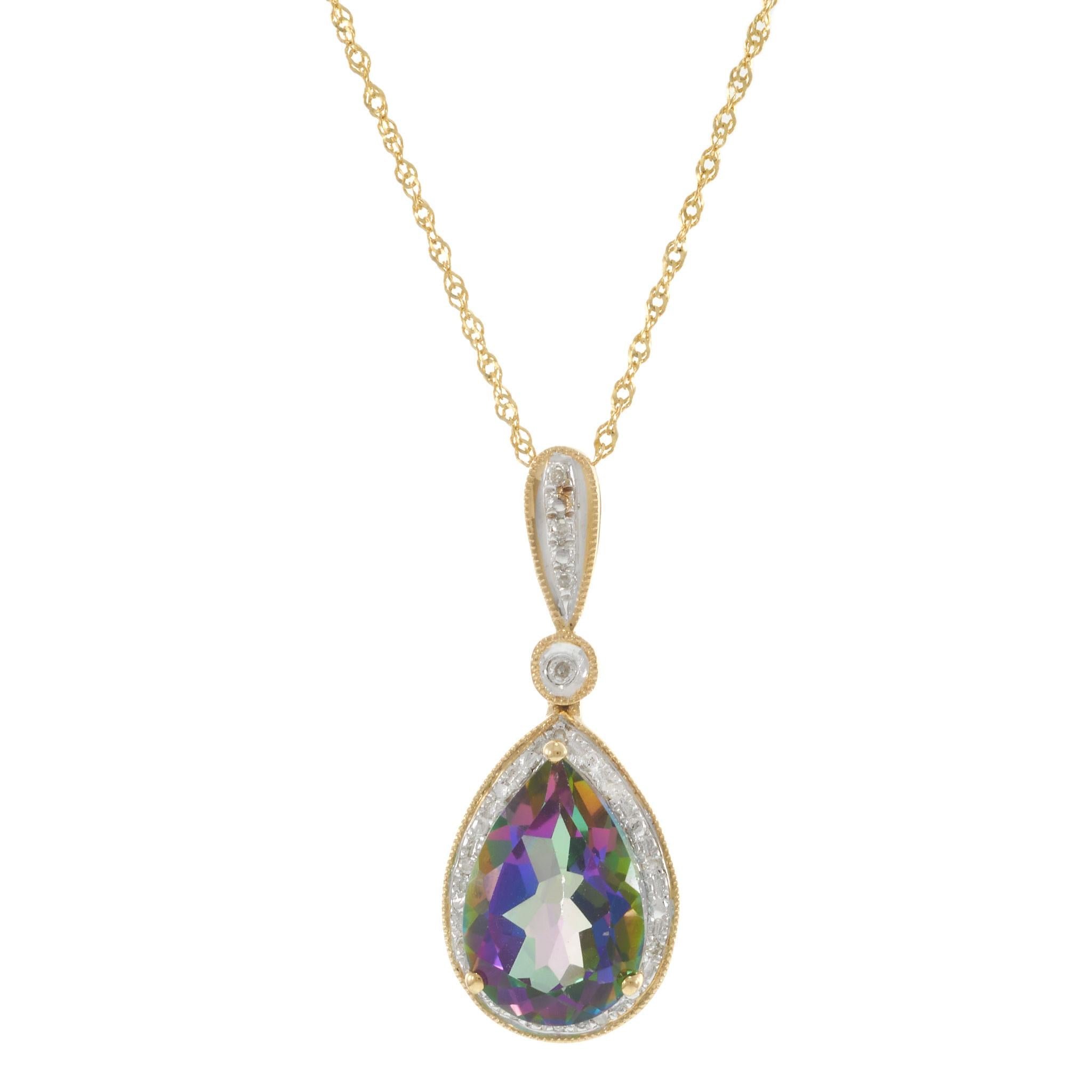 14KT Yellow Gold Mystic Topaz and Diamond Pear Pendant Necklace