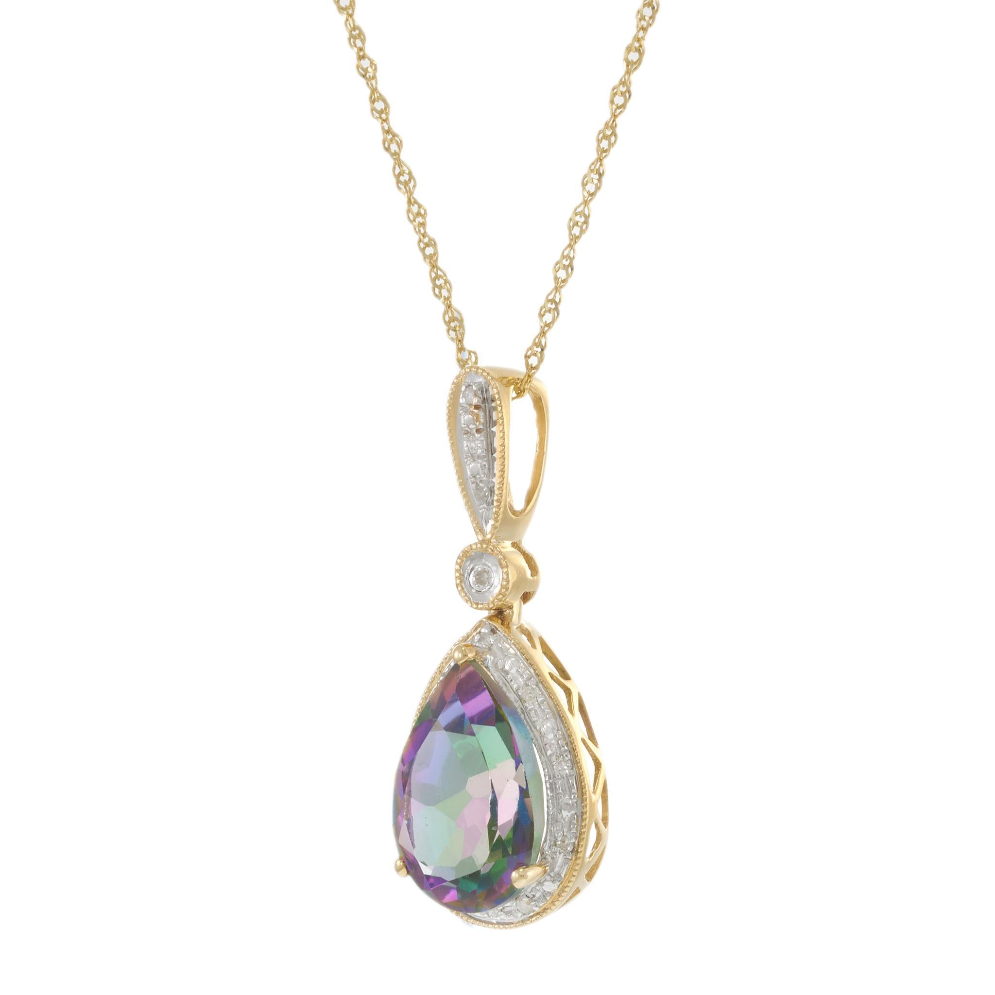 14KT Yellow Gold Mystic Topaz and Diamond Pear Pendant Necklace