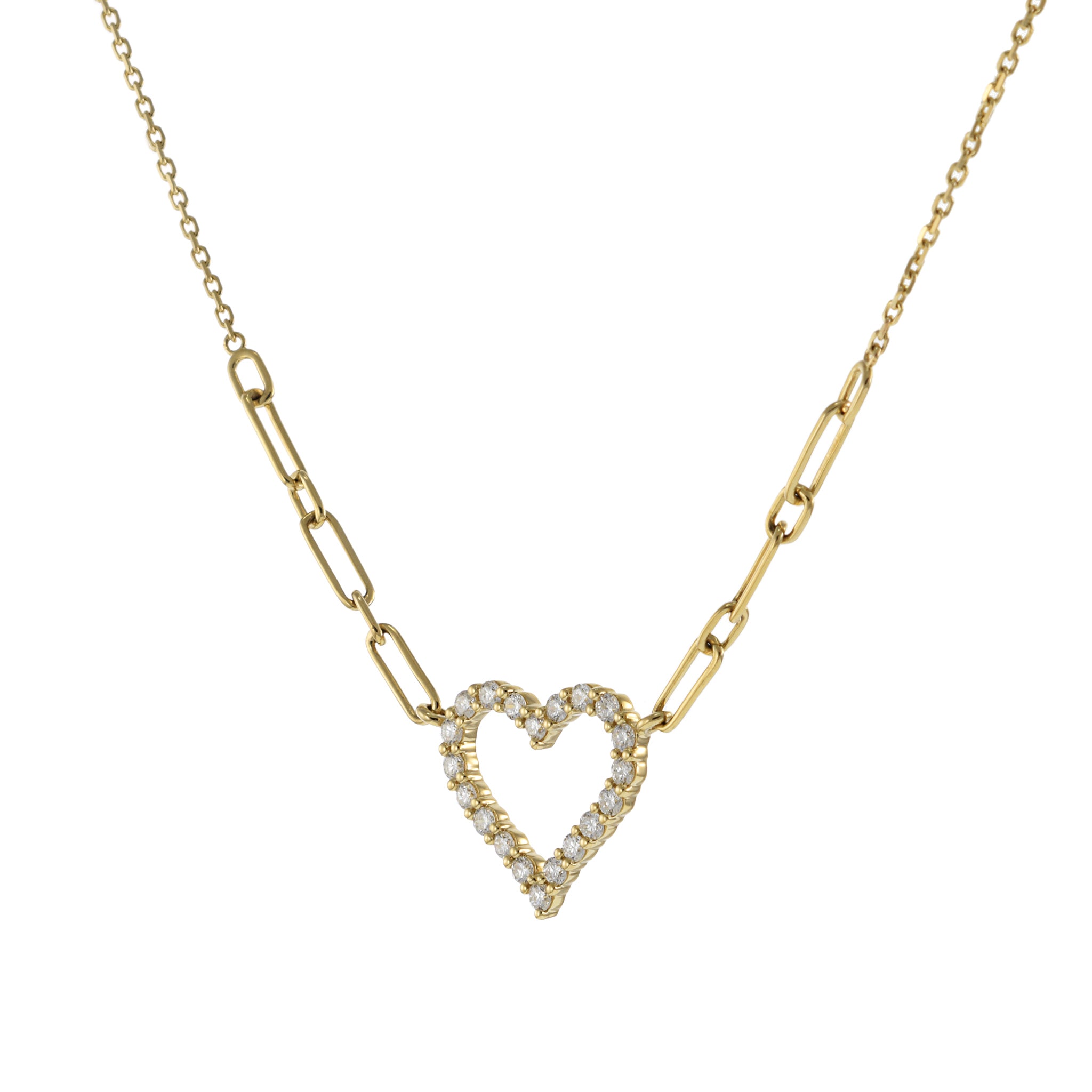 14KT Yellow Gold Open Heart Diamond Necklace on Paperclip Chain