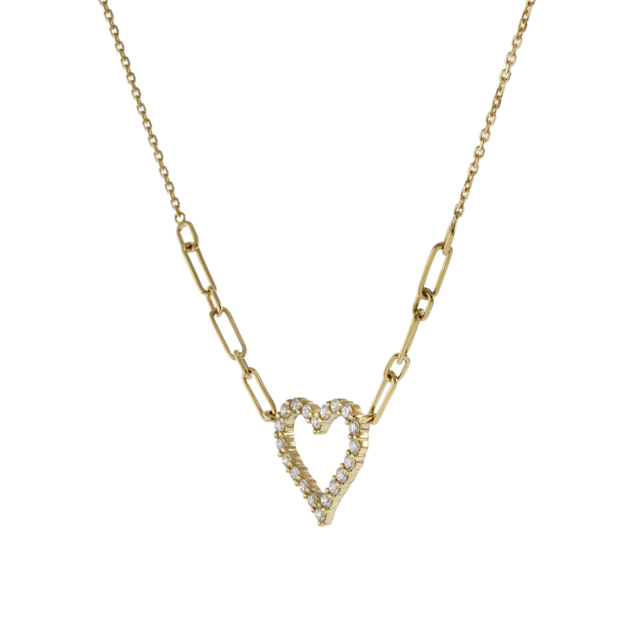 14KT Yellow Gold Open Heart Diamond Necklace on Paperclip Chain