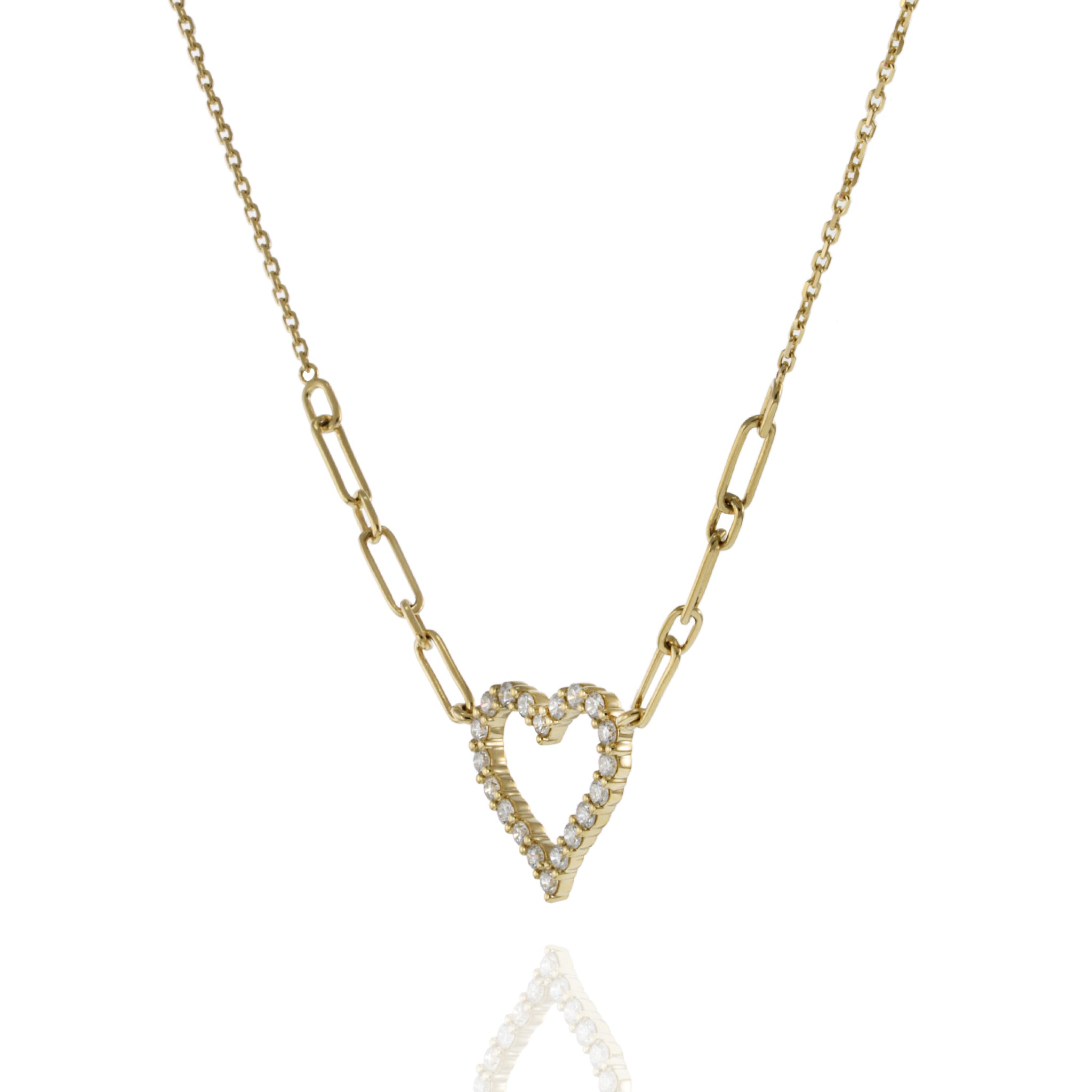 14KT Yellow Gold Open Heart Diamond Necklace on Paperclip Chain