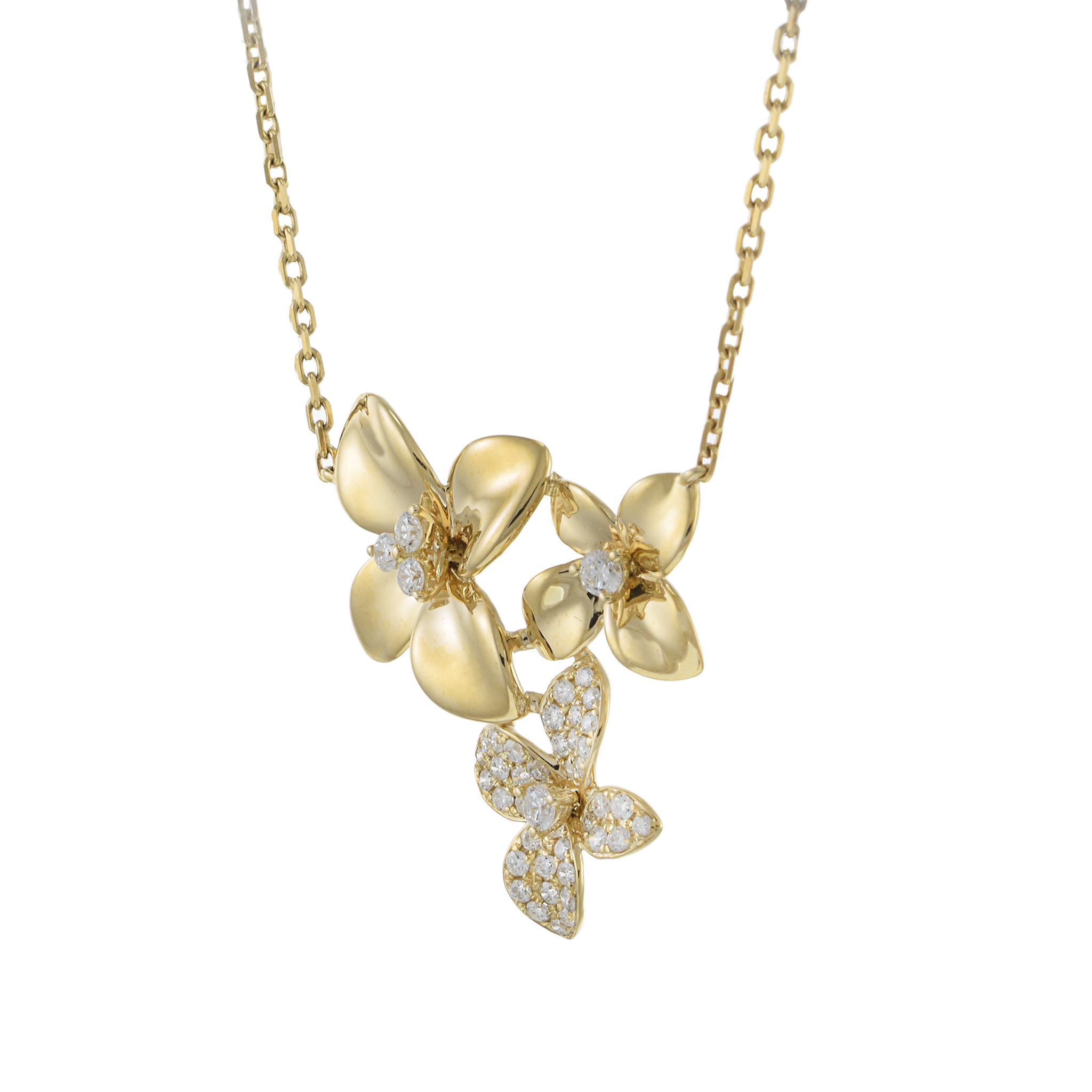 14KT Yellow Gold Three-Flower Diamond Necklace