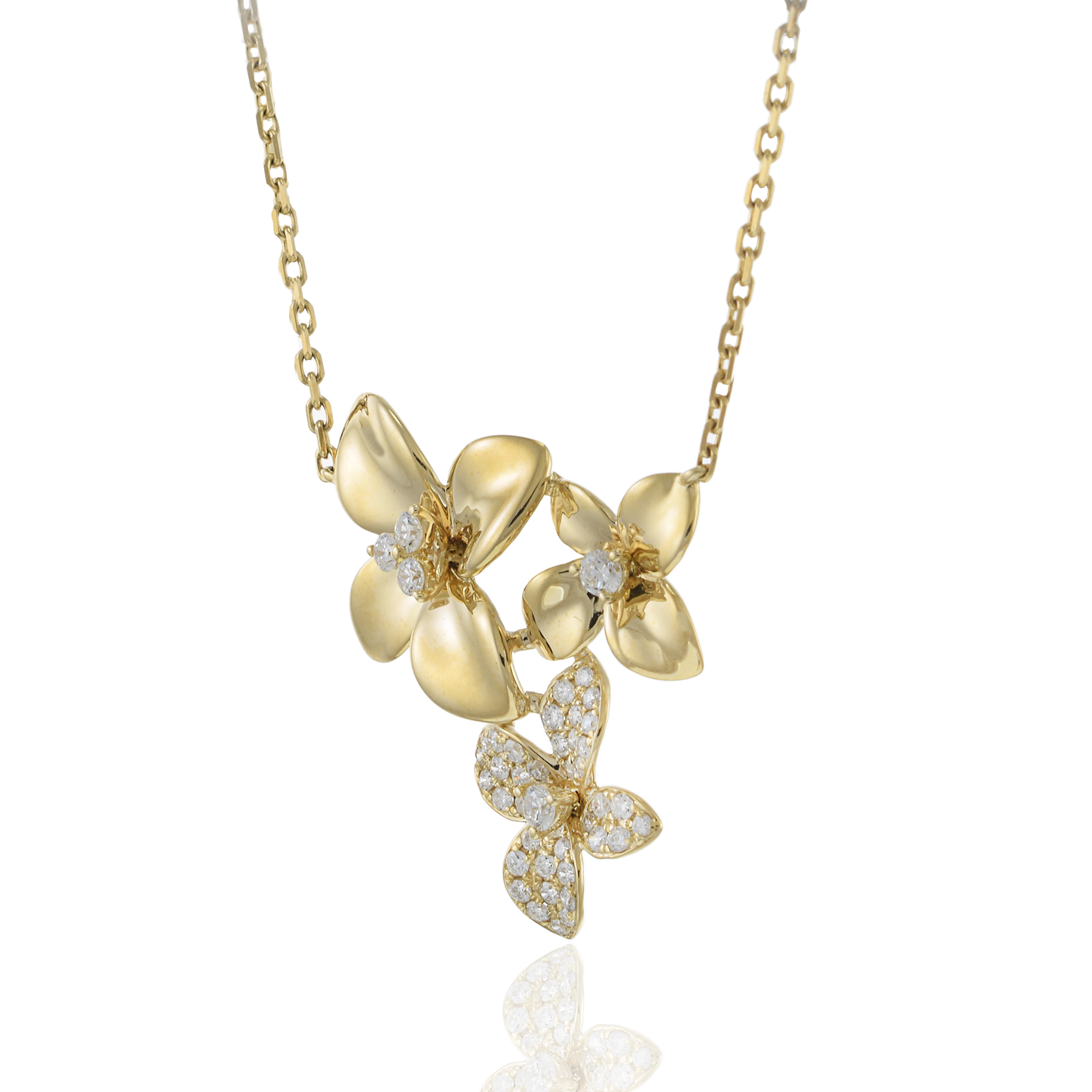 14KT Yellow Gold Three-Flower Diamond Necklace