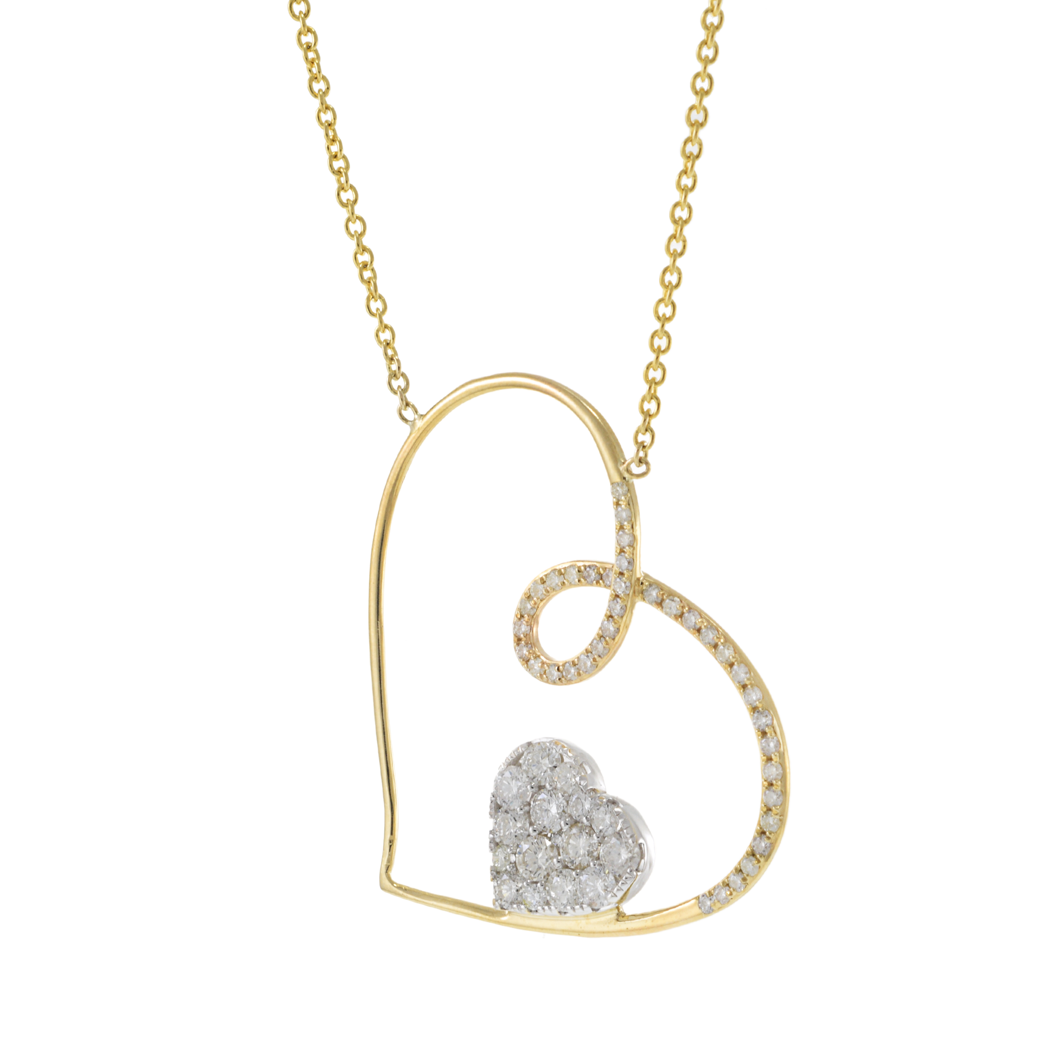 14KT Yellow Gold Slanted Heart Necklace with Floating Diamond Heart Pendant