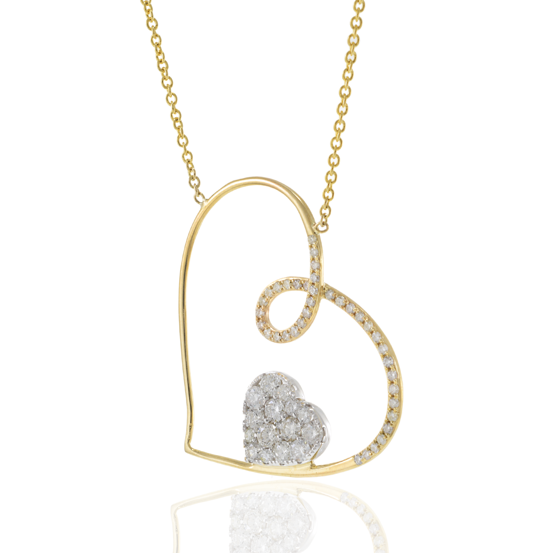 14KT Yellow Gold Slanted Heart Necklace with Floating Diamond Heart Pendant