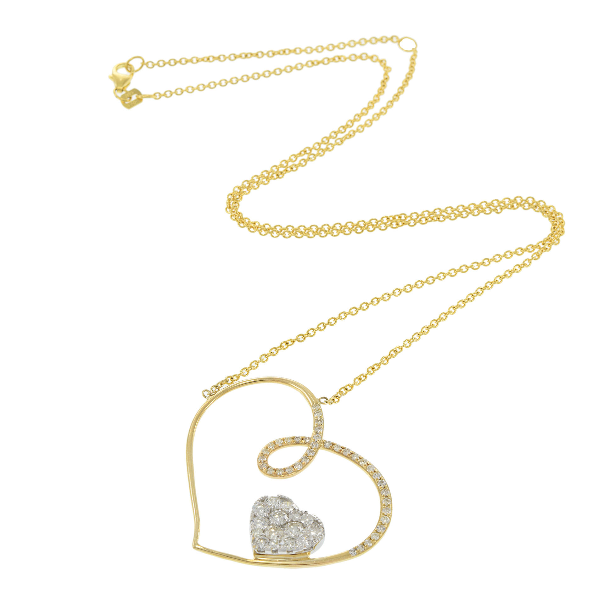 14KT Yellow Gold Slanted Heart Necklace with Floating Diamond Heart Pendant