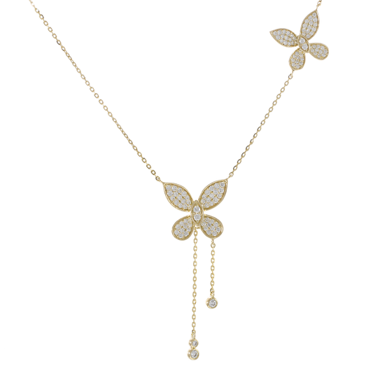 14KT Yellow Gold Butterfly Drops Necklace with Diamonds