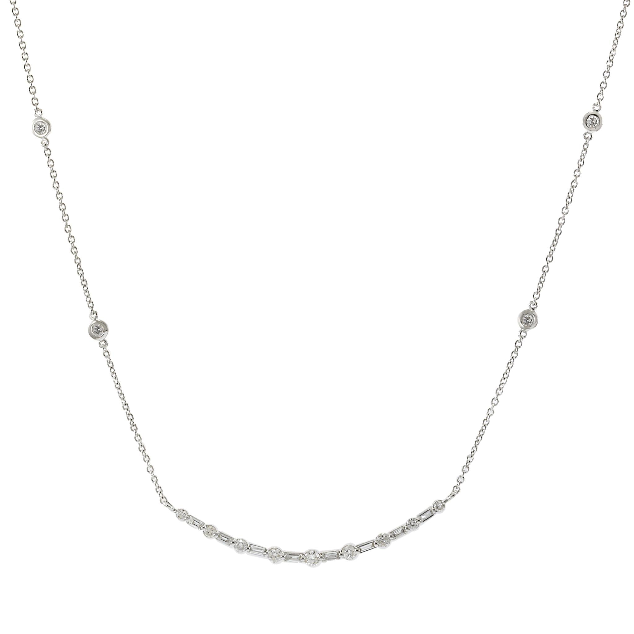 Round and Baguette Diamond Curved Line Necklace in 14KT White Gold