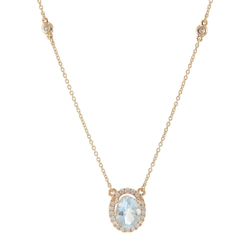 14K Rose Gold Oval Aquamarine and Diamond Halo Necklace