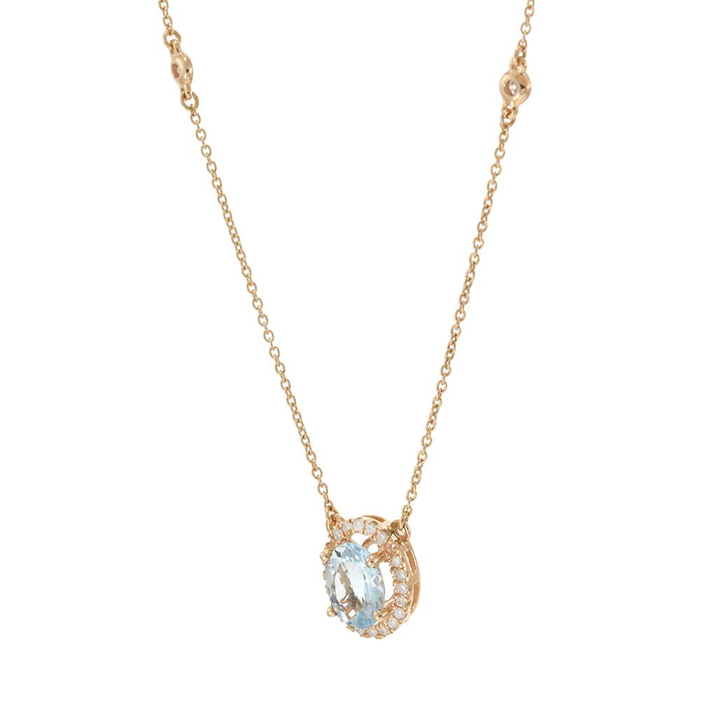 14K Rose Gold Oval Aquamarine and Diamond Halo Necklace