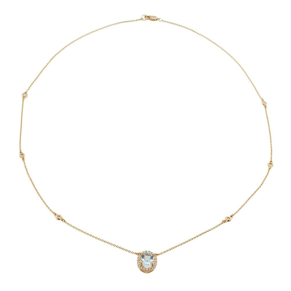 14K Rose Gold Oval Aquamarine and Diamond Halo Necklace