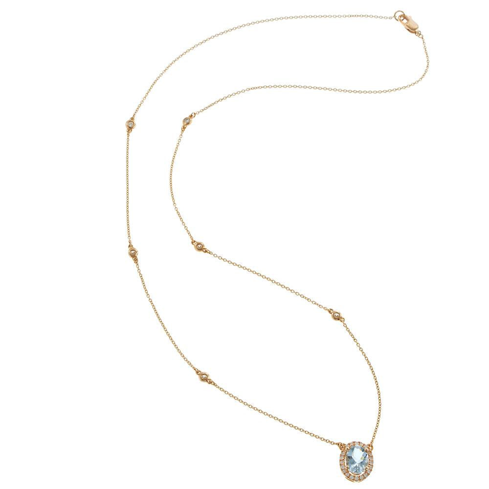 14K Rose Gold Oval Aquamarine and Diamond Halo Necklace