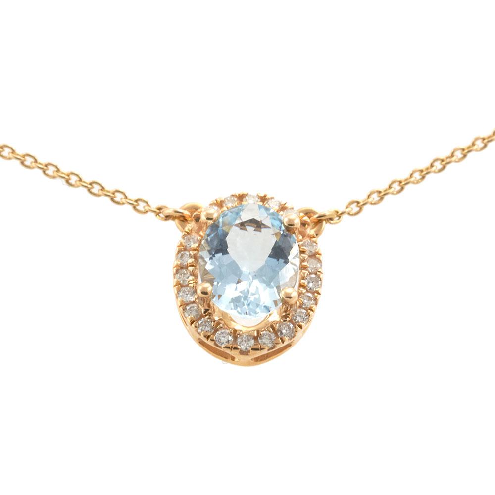 14K Rose Gold Oval Aquamarine and Diamond Halo Necklace