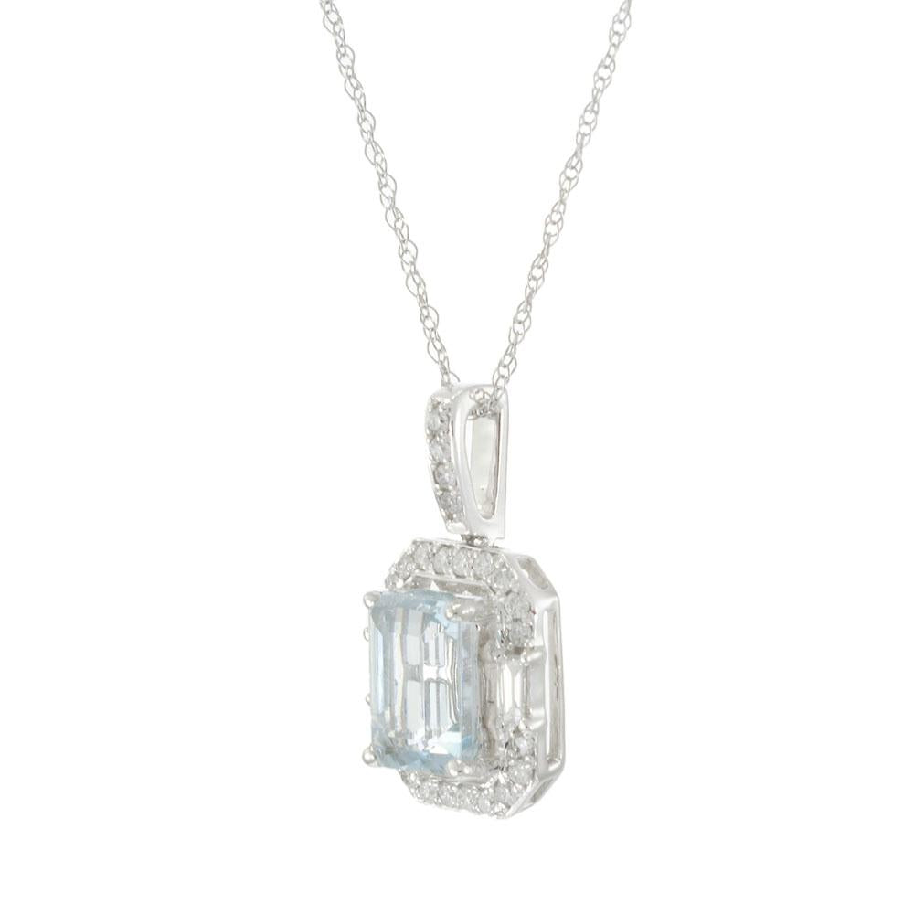 14K White Gold Emerald-Cut Aquamarine Pendant with Baguette and Round Diamonds