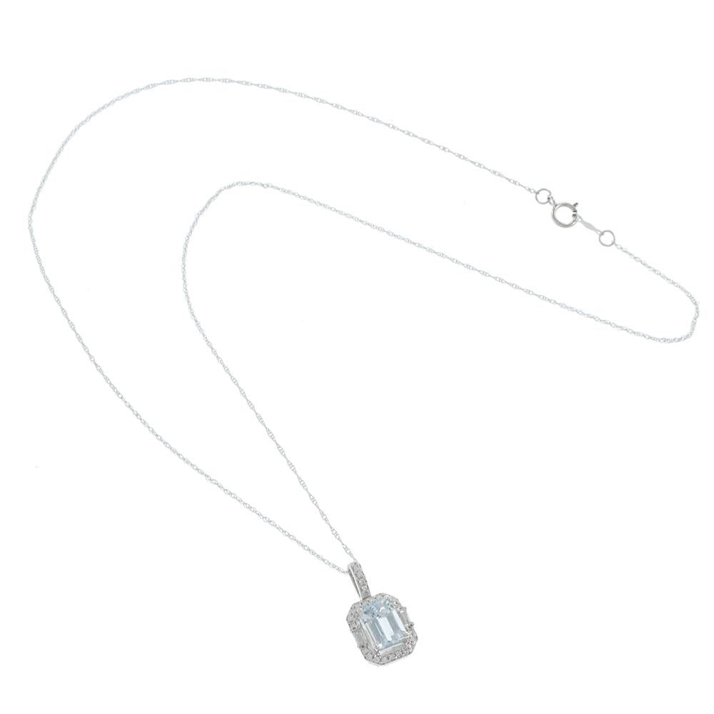 14K White Gold Emerald-Cut Aquamarine Pendant with Baguette and Round Diamonds