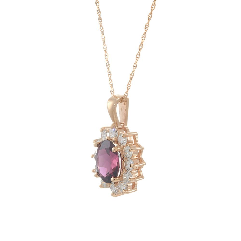 14KT Rose Gold Oval Rhodolite & Diamond Halo Pendant Necklace
