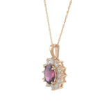 14KT Rose Gold Oval Rhodolite & Diamond Halo Pendant Necklace
