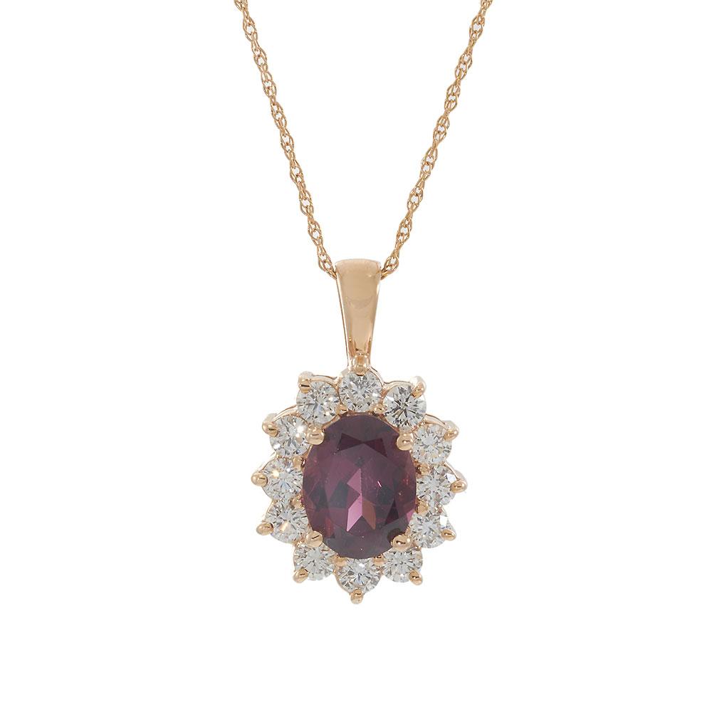 14KT Rose Gold Oval Rhodolite & Diamond Halo Pendant Necklace